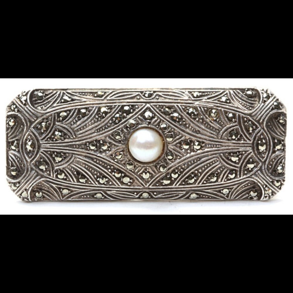 Antique Silver with Marcasite and Pearl Art Deco Brooch